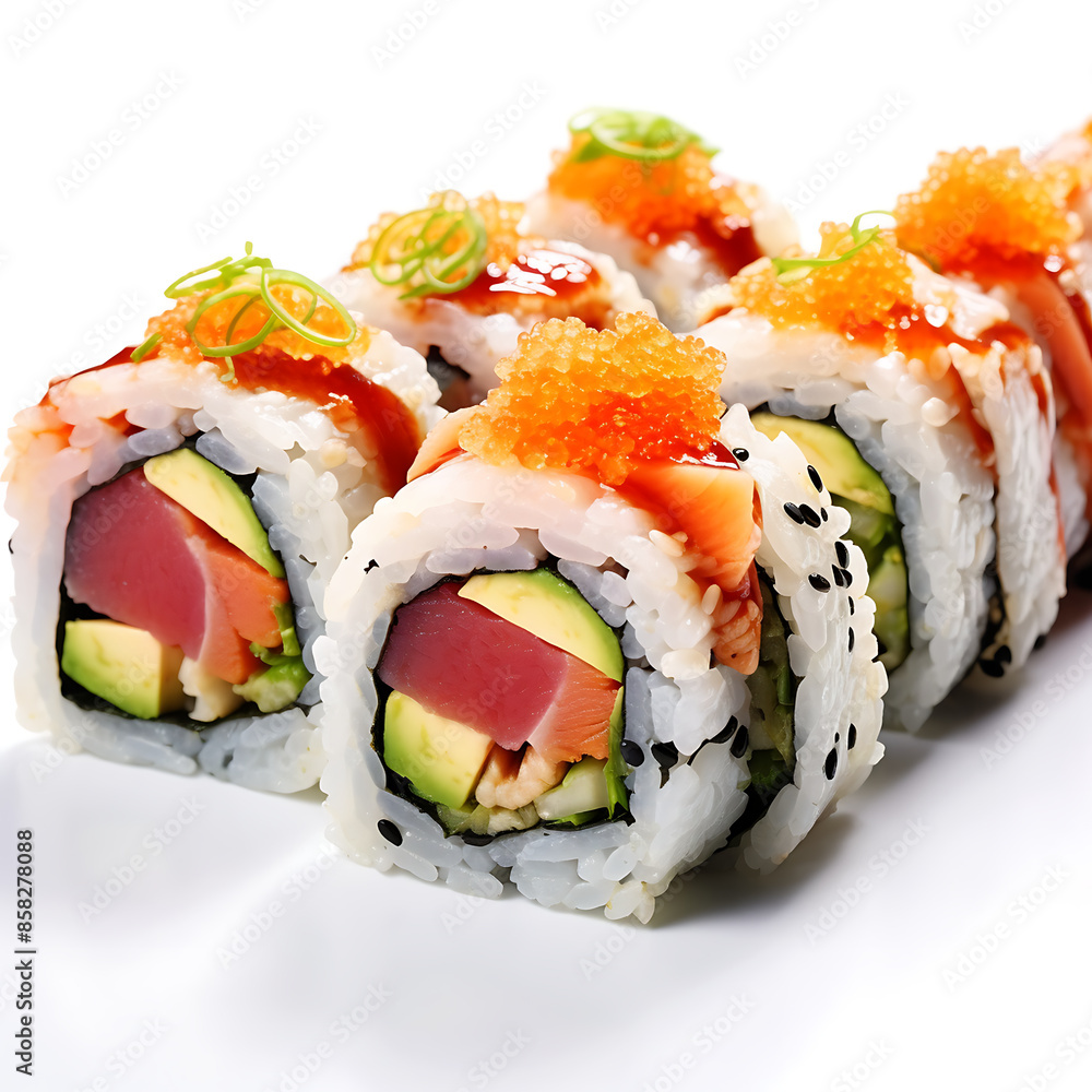 Sushi Roll with Salmon, Cucumber, Cream Cheese and Raw Salmon inside. Isolated on White Background Sushi Roll with Salmon, Cucumber, Cream Cheese and Raw Salmon inside. Isolated on White Background