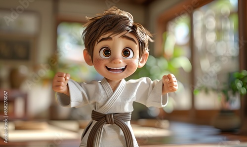 Vibrant 3D digital art depicts a young boy beaming with enthusiasm in a martial arts uniform. illustration images
