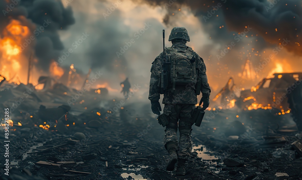 A lone warrior traverses a war-ravaged landscape, a somber testament to the devastation of conflict. illustration images A lone warrior traverses a war-ravaged landscape, a somber testament to the devastation of conflict. illustration images