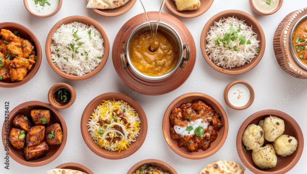 A Feast of Indian Cuisine: A Top View of Plates with Dishes A Feast of Indian Cuisine: A Top View of Plates with Dishes