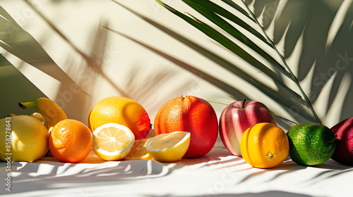 A colorful assortment of fresh fruits including oranges, lemons, apples, and bananas on a white surface with palm leaf shadows.