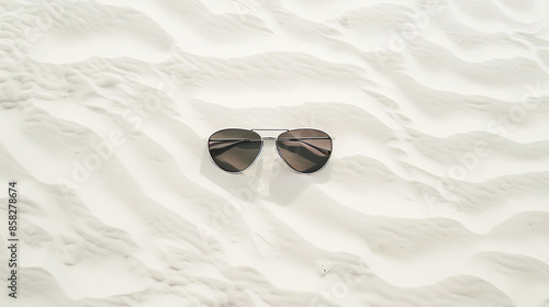 A pair of stylish sunglasses lies on a pristine, wavy white sand beach, radiating a vibe of summer relaxation and travel.