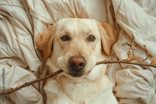 Adorable dog lying on a bed holding a stick in its mouth. Cozy indoor setting with a cute pet enjoying its time.