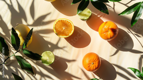 Assorted citrus fruits with shadows and leaves in sunlight on a beige background, creating a fresh and vibrant composition.