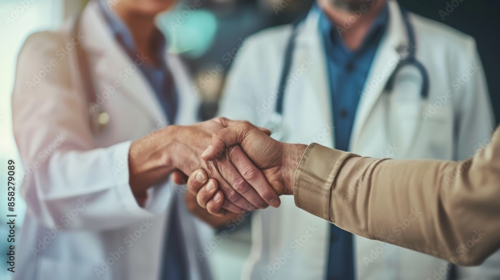 A doctor shakes hands with a patient. Generate AI image A doctor shakes hands with a patient. Generate AI image