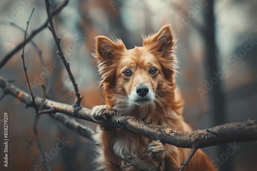 Cute brown dog with attentive eyes standing on a tree branch in a forest, showcasing its curious and alert nature.
