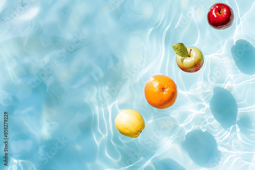 Floating fruits including apple, orange, and lemon in clear blue water, creating a refreshing and vibrant summer scene.