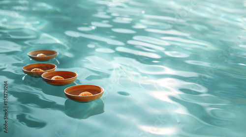 Four floating candles in ceramic bowls on a calm turquoise water surface create a serene and tranquil atmosphere.