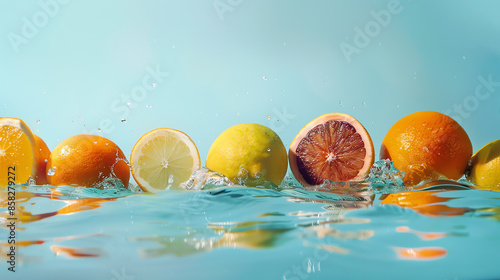 Fresh citrus fruits like lemon, lime, and orange floating in water, refreshing summer concept with splashes and vibrant colors.