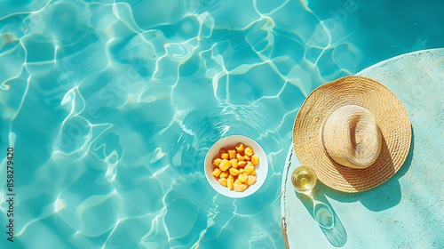 Refreshing poolside scene with summer hat, drink, and snack. Perfect for summer relaxation and leisure imagery.