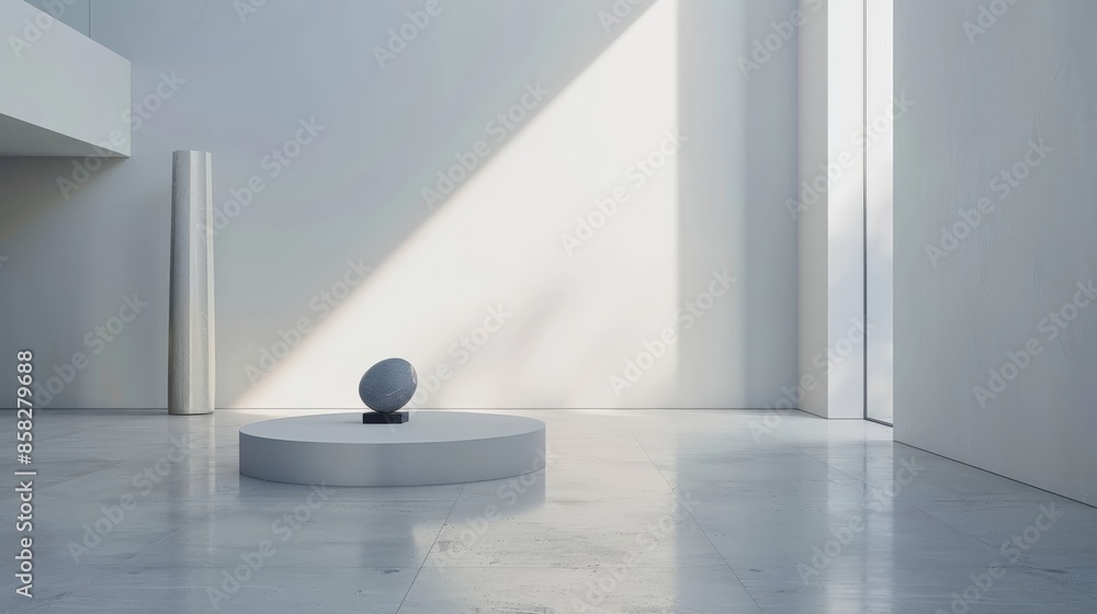 Minimalist white podium in an art gallery displaying a modern sculpture Minimalist white podium in an art gallery displaying a modern sculpture