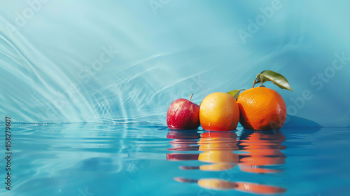 Vibrant apples and oranges floating on calm blue water, creating a serene and colorful still life scene with reflections.