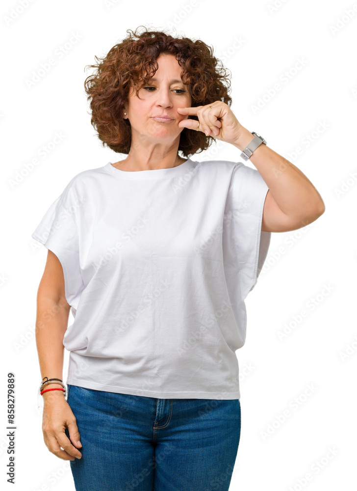 Beautiful middle ager senior woman wearing white t-shirt over isolated background mouth and lips shut as zip with fingers. Secret and silent, taboo talking Beautiful middle ager senior woman wearing white t-shirt over isolated background mouth and lips shut as zip with fingers. Secret and silent, taboo talking