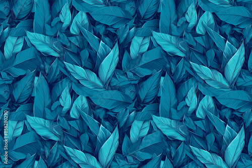 A dynamic seamless pattern with blue and teal leaves intricately layered, creating a deep and lush tile ornament perfect for exotic and tropical themes.