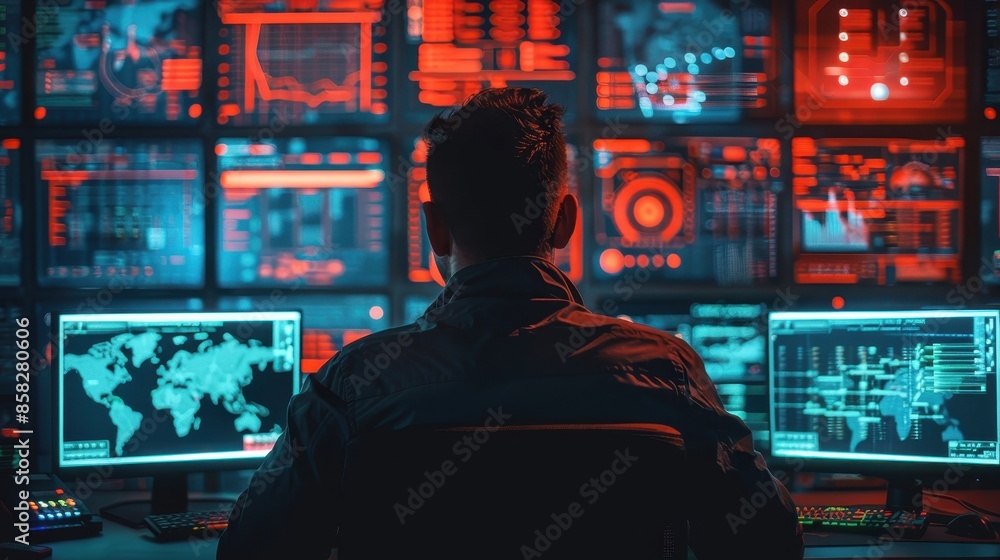 Cybersecurity Expert Monitoring Global Network Security on Multiple Screens Cybersecurity Expert Monitoring Global Network Security on Multiple Screens