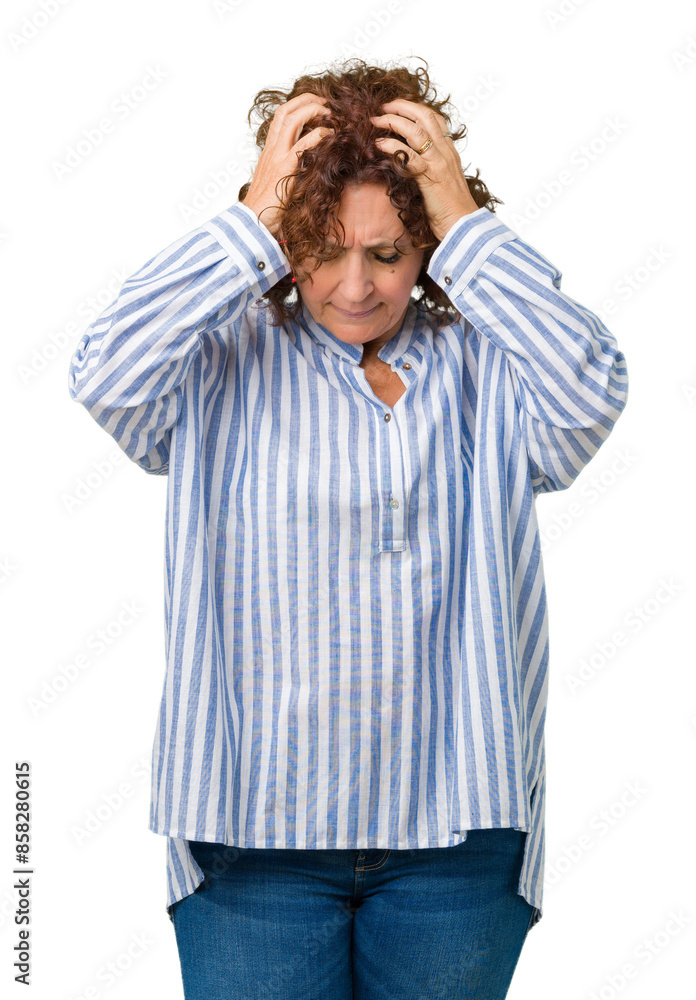 Beautiful middle ager senior woman wearing navy shirt over isolated background suffering from headache desperate and stressed because pain and migraine. Hands on head.