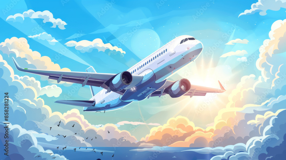 Obraz premium Simple airplane travel opens the background behind itself. Plane journey, romantic travel, tours, cruises, airport advertising, trip abroad on vacation, and plane routes vector illustration banner