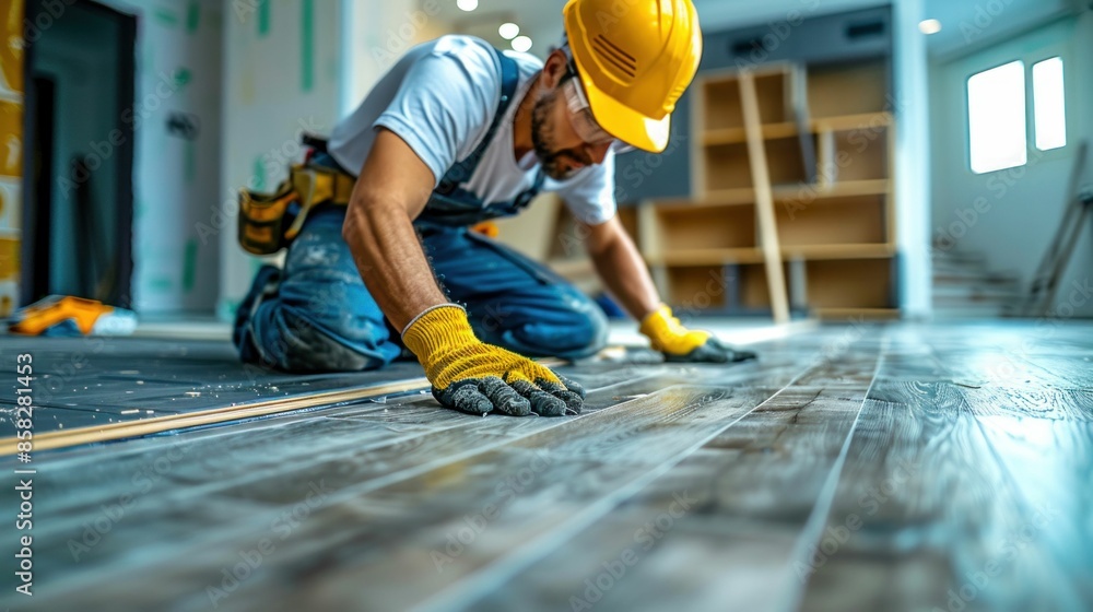 Construction Worker Installing New Laminate Flooring. Generative ai Construction Worker Installing New Laminate Flooring. Generative ai