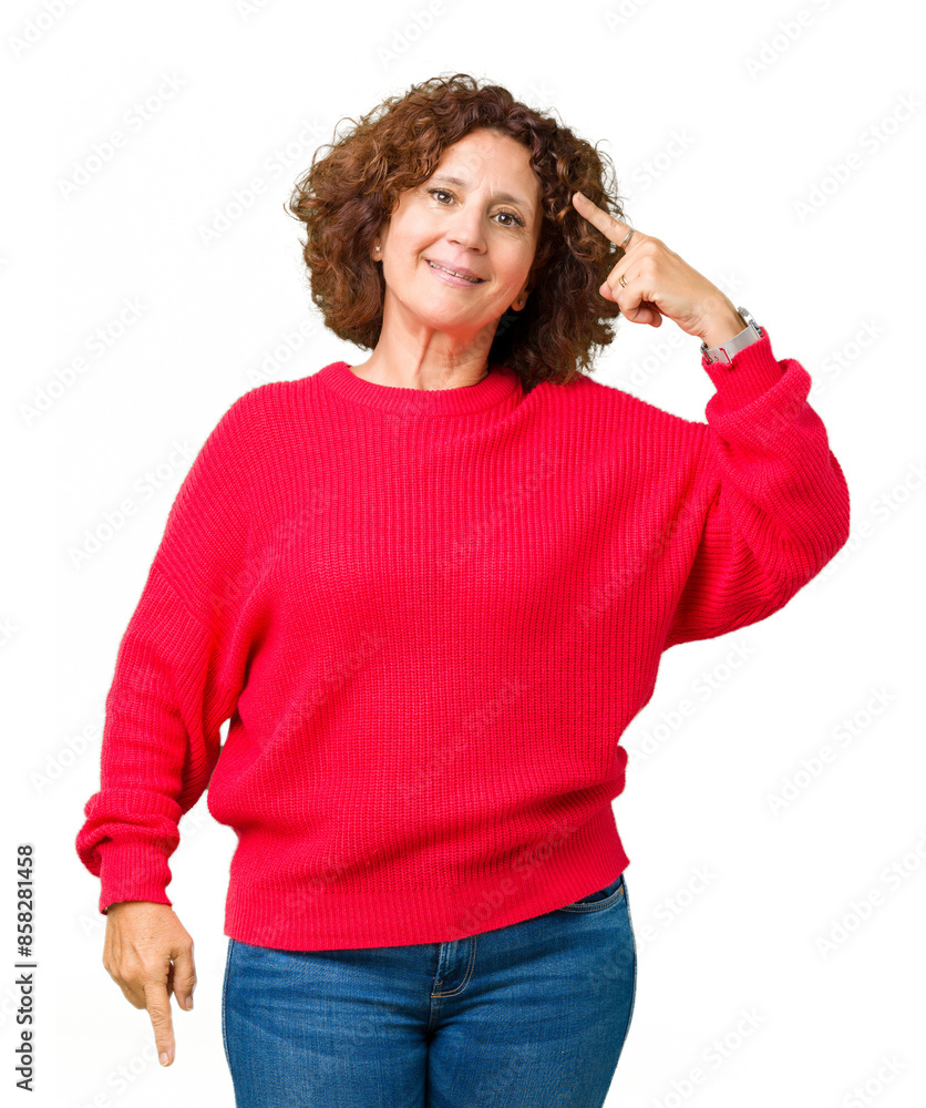 Beautiful middle ager senior woman red winter sweater over isolated background Smiling pointing to head with one finger, great idea or thought, good memory Beautiful middle ager senior woman red winter sweater over isolated background Smiling pointing to head with one finger, great idea or thought, good memory