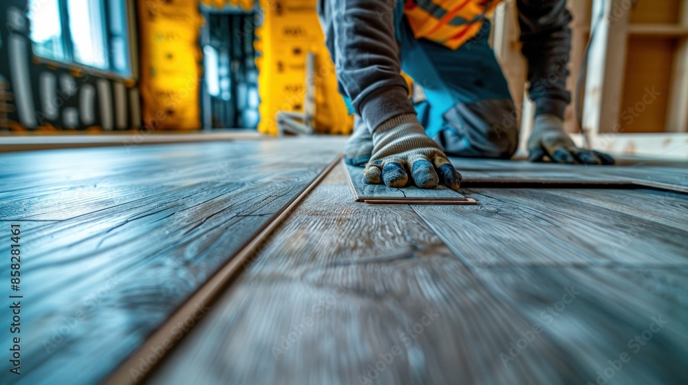 Construction Worker Installing New Laminate Flooring. Generative ai Construction Worker Installing New Laminate Flooring. Generative ai