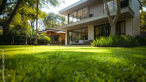 modern house with large windows, surrounded by a lush green lawn,