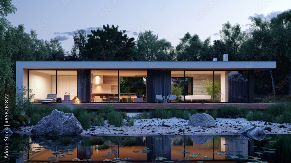 Obraz premium Minimalist home with clean lines and large windows in a serene landscape