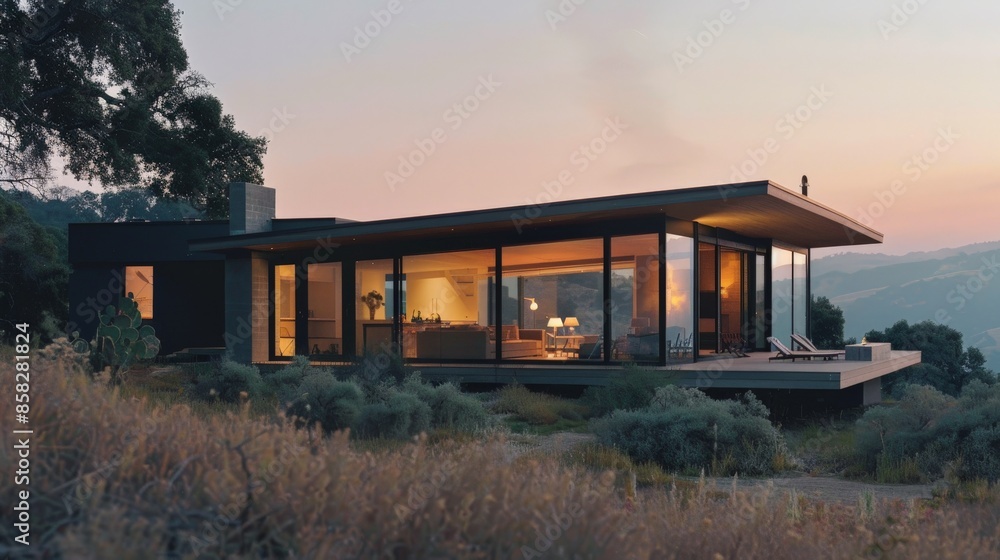 Minimalist home with clean lines and large windows in a serene landscape Minimalist home with clean lines and large windows in a serene landscape