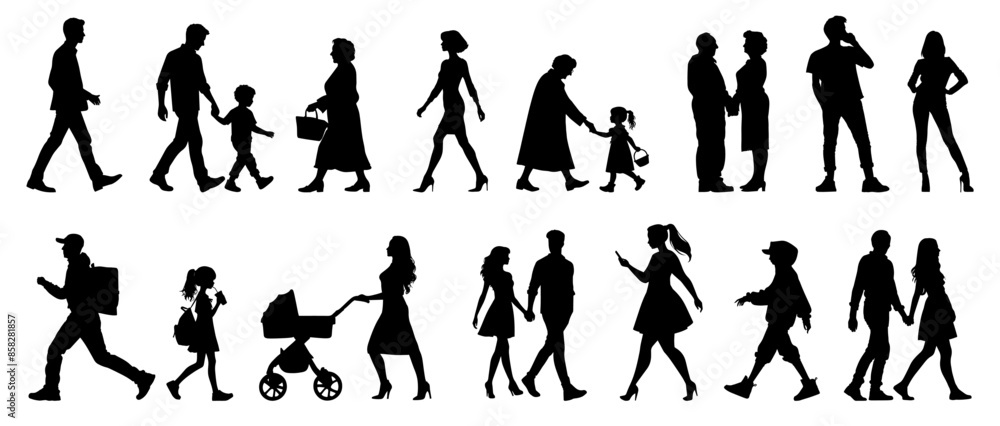 Vector illustration. Large set of black silhouettes of people. People are walking. Vector illustration. Large set of black silhouettes of people. People are walking.