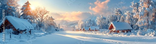 Snowy Village Postcard A village covered in snow with space for text in the sky