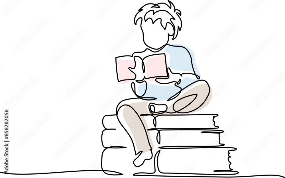 Boy sitting cross-legged on stack of large books and reading Boy sitting cross-legged on stack of large books and reading