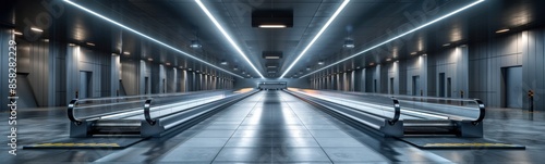 Long empty train station with benches and lights, airport , Travel concept