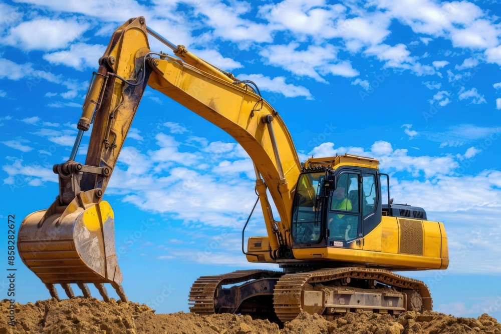 Excavator. Heavy Machine at Construction Site Under Blue Sky Excavator. Heavy Machine at Construction Site Under Blue Sky