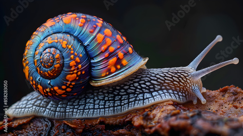 Vibrant and Colorful Snail with Intricate Shell Pattern on Forest Floor photo