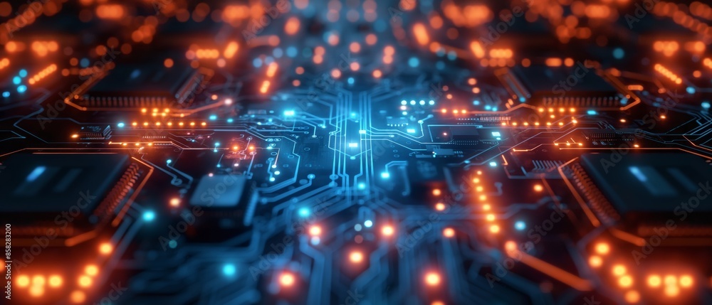 An intricate close-up of an illuminated circuit board, showcasing high-tech components and connections in a vibrant, futuristic display. An intricate close-up of an illuminated circuit board, showcasing high-tech components and connections in a vibrant, futuristic display.