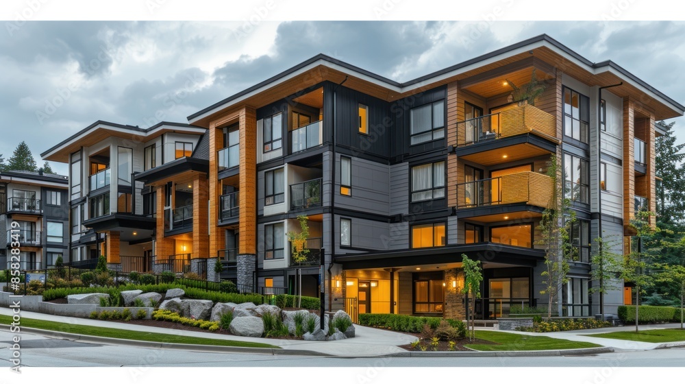 Modern Apartment Building with Warm Lighting Modern Apartment Building with Warm Lighting