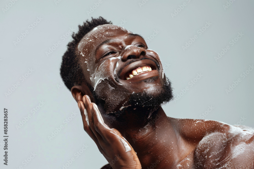 A happy African American man with a radiant smile using facial scrub, showing his skincare routine A happy African American man with a radiant smile using facial scrub, showing his skincare routine