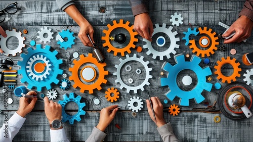 Teamwork concept with multiple hands assembling colorful gears on a table, symbolizing collaboration, strategy, and innovation in business. photo