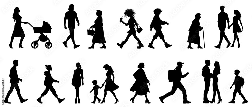 Vector illustration. Large set of black silhouettes of people. People are walking. Vector illustration. Large set of black silhouettes of people. People are walking.
