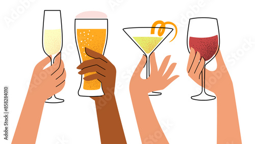 Womens hands holding glasses of alcohol. Flat illustration for greeting cards