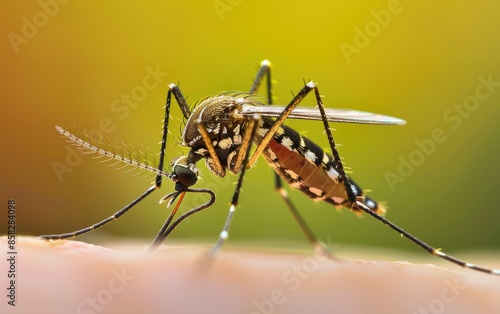 Macro Aedes aegypti Mosquito. Close up a Mosquito sucking human blood © millenius