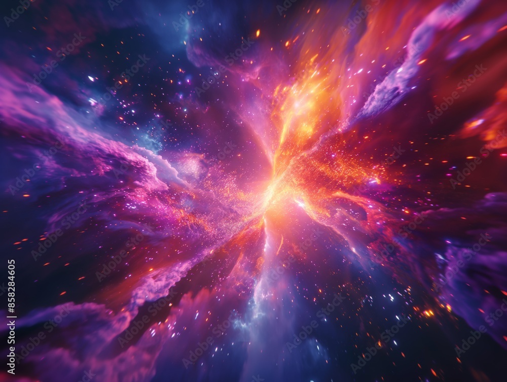 Vivid cosmic explosion with colorful nebula clouds and bright stars in deep space, capturing the beauty of the universe. Vivid cosmic explosion with colorful nebula clouds and bright stars in deep space, capturing the beauty of the universe.