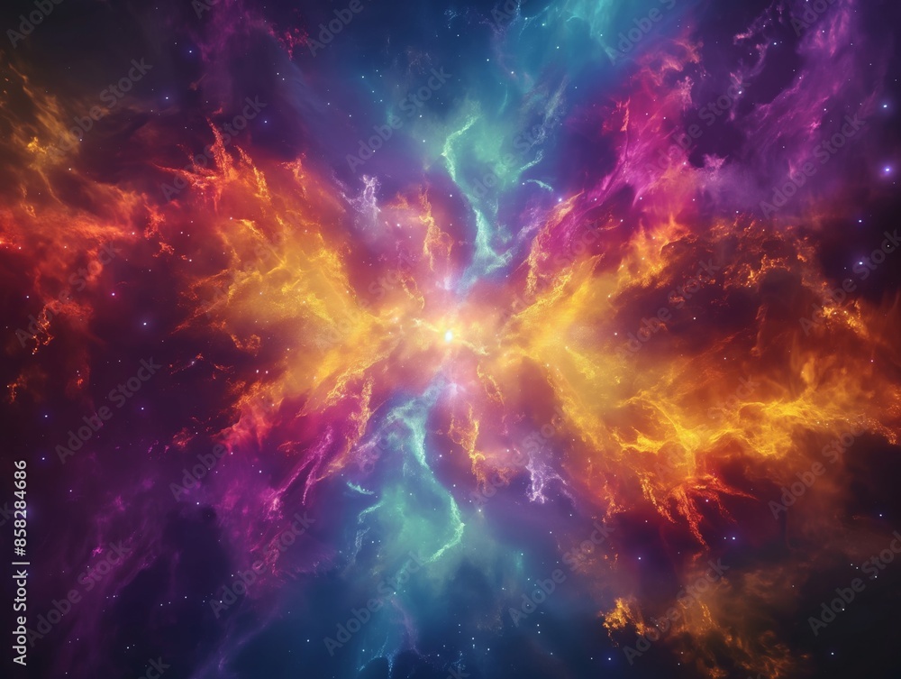 Vivid cosmic explosion of colors in outer space with vibrant, dynamic clouds of gas and nebula forming an ethereal, captivating scene. Vivid cosmic explosion of colors in outer space with vibrant, dynamic clouds of gas and nebula forming an ethereal, captivating scene.