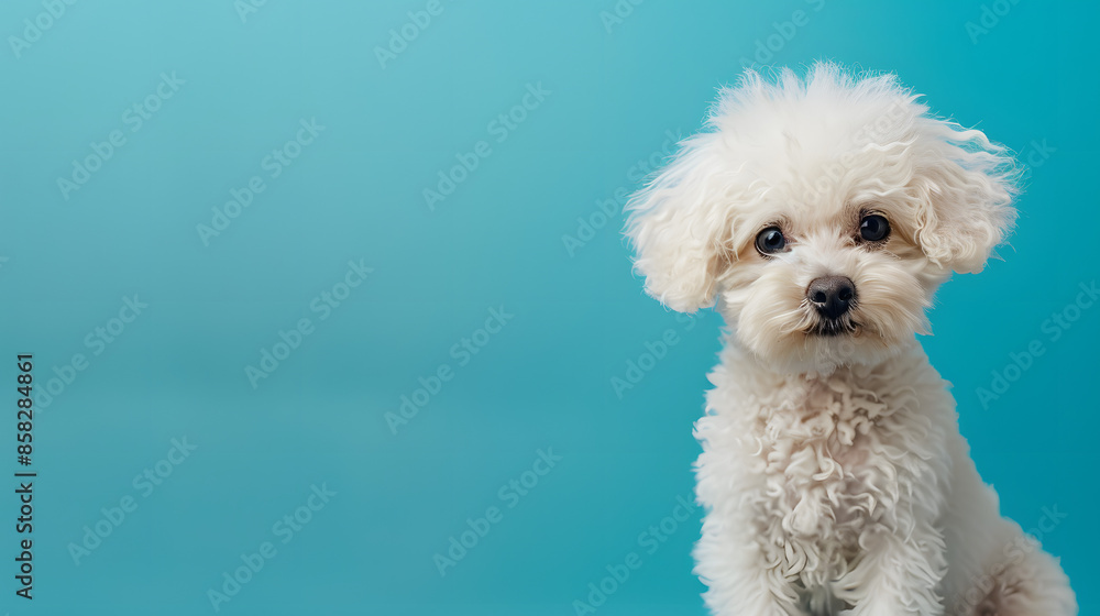Curly-Haired White Puppy on Blue Background Curly-Haired White Puppy on Blue Background