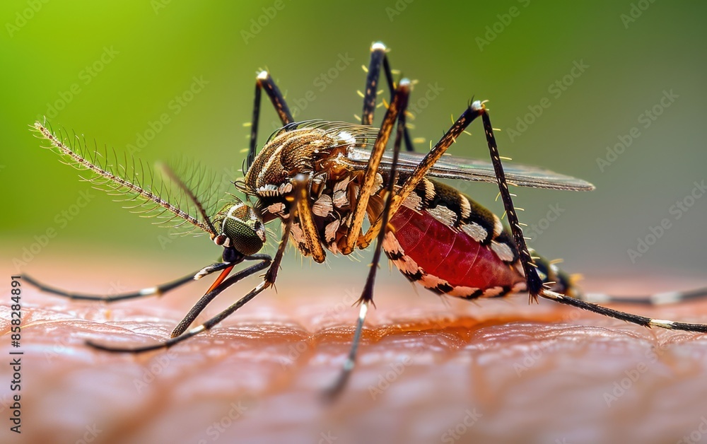 Macro Aedes aegypti Mosquito. Close up a Mosquito sucking human blood Macro Aedes aegypti Mosquito. Close up a Mosquito sucking human blood