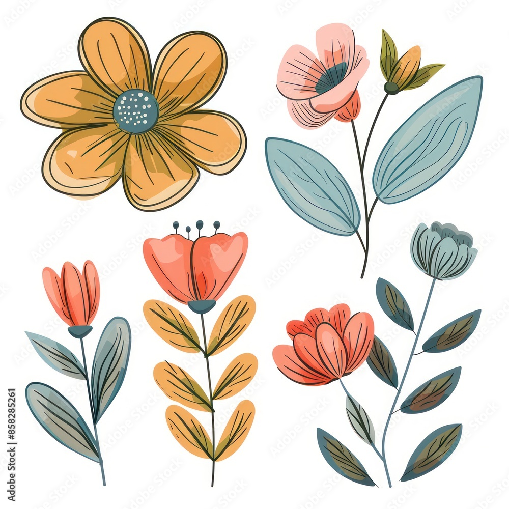 This image features a collection of hand-drawn flowers in various colors and shapes, showcasing a whimsical and artistic design perfect for creative uses and decor. This image features a collection of hand-drawn flowers in various colors and shapes, showcasing a whimsical and artistic design perfect for creative uses and decor.