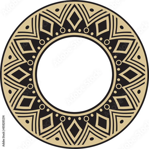 Native American vector round gold with black pattern. Geometric shapes in a circle. National ornament of the peoples of America, Maya, Aztecs, Inca