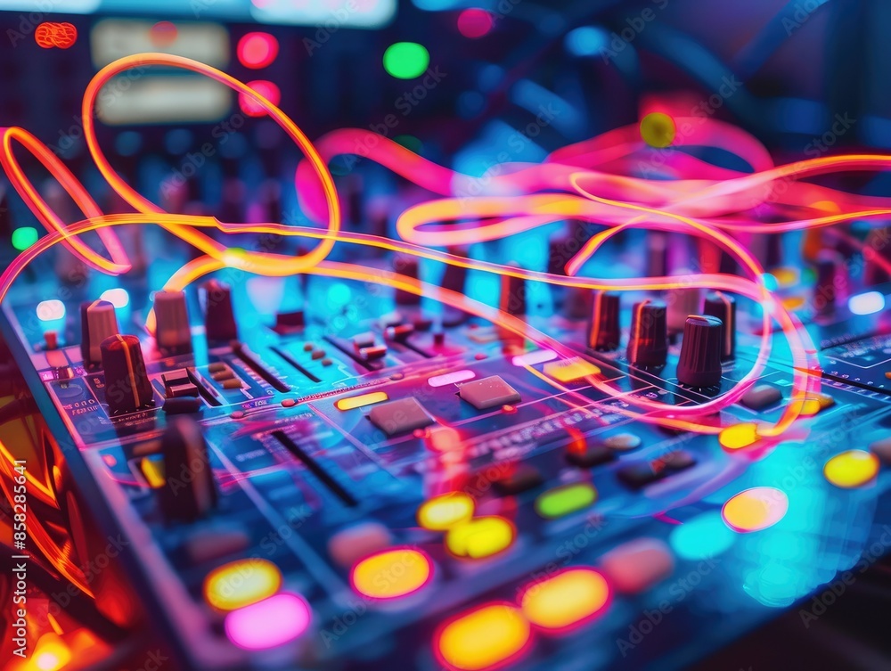 Neon Lights Dance on Mixing Console Neon Lights Dance on Mixing Console