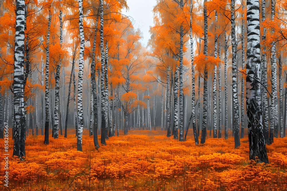 Fototapeta premium Autumn Birch Forest with Orange Foliage and Misty Atmosphere