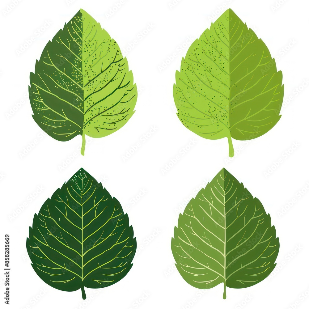 A set of four green leaves illustrating various patterns and shades of green. Each leaf displays distinct vein structures and speckles, representing different styles and designs. A set of four green leaves illustrating various patterns and shades of green. Each leaf displays distinct vein structures and speckles, representing different styles and designs.
