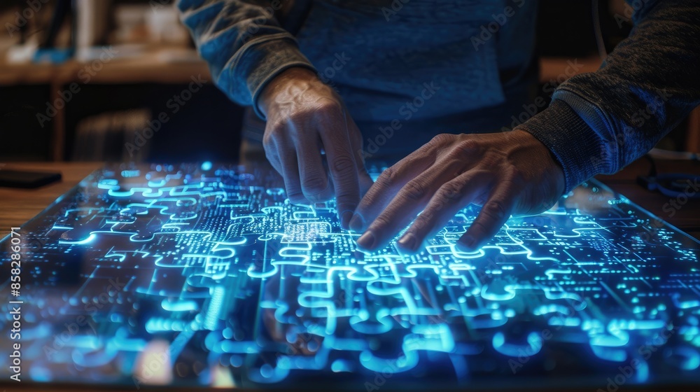 A programmer pieces together lines of code like puzzle pieces, a completed program image appearing on the screen A programmer pieces together lines of code like puzzle pieces, a completed program image appearing on the screen